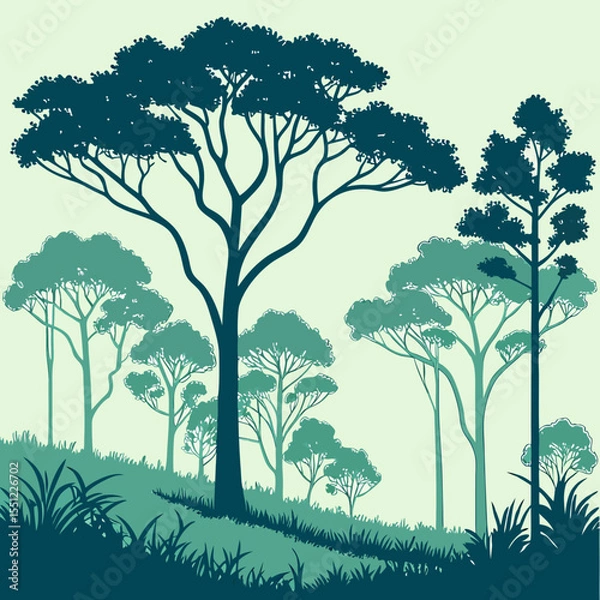 Fototapeta Serene Forest Silhouette: A Verdant Landscape of Trees and Grasses Illustration