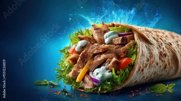 Obraz A 4K photo of hot mouth watering image of yummy shawarma with blue background, food advertisement background.
