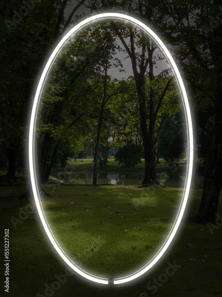 Fototapeta Dark forest and trees in a park. Behind is a pond or lake.