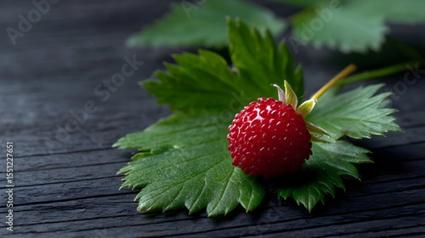 Obraz Ripe wild strawberry gleaming crimson, nestled among verdant leaves on weathered wooden surface, highlighting natural beauty and rustic charm