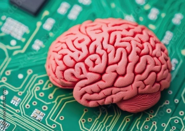 Fototapeta A detailed model of a human brain placed on a green printed circuit board, symbolizing the connection between neuroscience and technology.