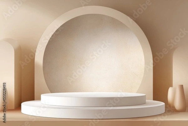 Obraz A 4K photo of minimal abstract background with a white round podium on a beige-colored wall, displaying a product or cosmetics in a mockup style for presentation design.