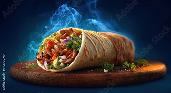 Obraz A 4K photo of sCharts and graphics for social networks, flat design of shawarma with smoke on wooden board isolated dark blue background, high resolution photography.