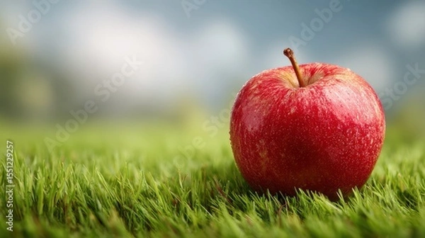 Obraz A 4K photo of red apple on green grass presenting a beautiful landscape, apple copy space image.