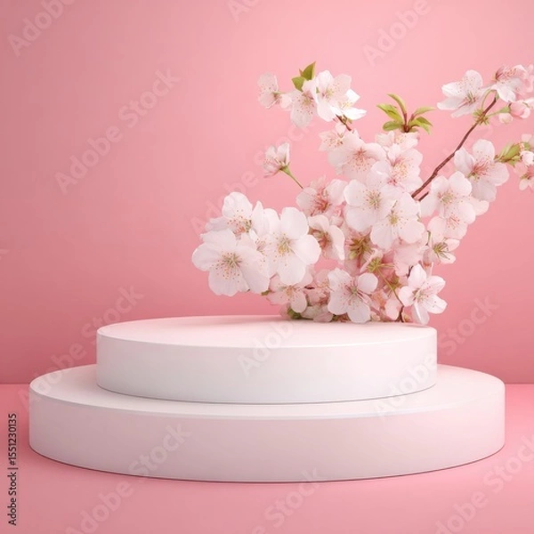 Obraz A 4K photo of white product display podium with blossom flowers on pink background. 3D rendering.