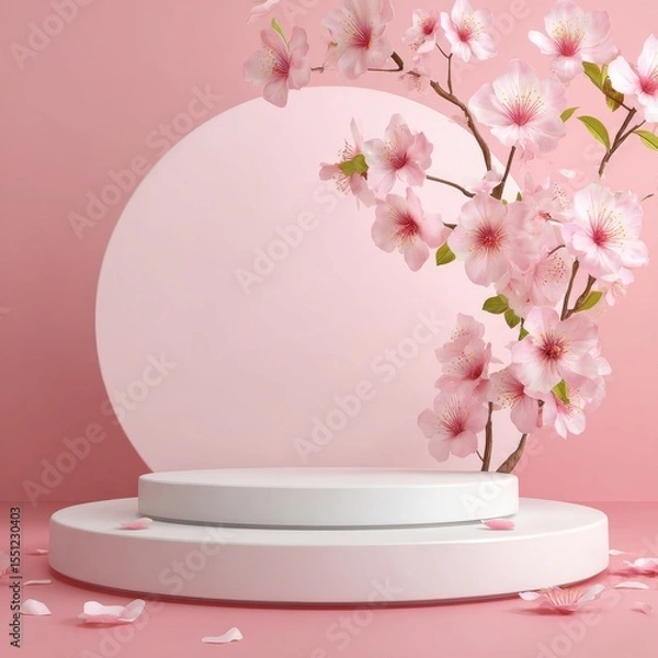 Obraz A 4K photo of white product display podium with blossom flowers on pink background. 3D rendering.