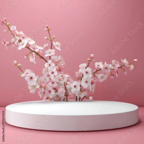Obraz A 4K photo of white product display podium with blossom flowers on pink background. 3D rendering.