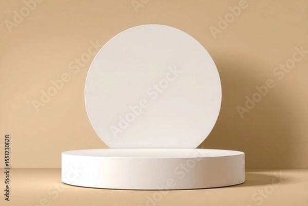 Obraz A 4K photo of white, round podium on a beige background for product presentation, a mockup design template with a place for a studio mock-up. A minimal concept, close-up.
