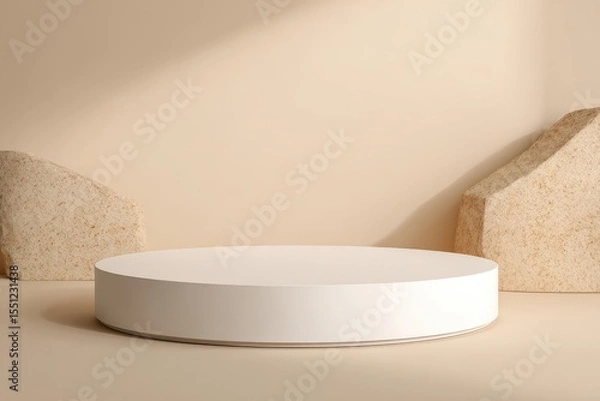 Obraz A 4K photo of white, round podium on a beige background for product presentation, a mockup design template with a place for a studio mock-up. A minimal concept, close-up.