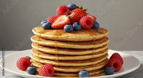 Fototapeta Stack of fresh fruit topped pancakes