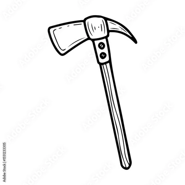 Fototapeta Firefighter axe. Hand drawn doodle vector. Rescuer equipment for emergency situations. Destructive weapon. Sharp iron blade. Chopping tool. Illustration line art element.