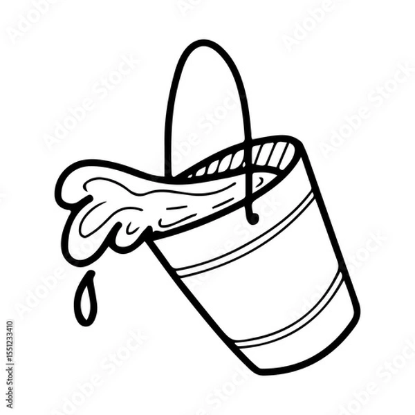 Fototapeta Bucket full of water. Hand drawn doodle vector. Metal container with handle. Pouring liquid. Splashed. Illustration line art element.