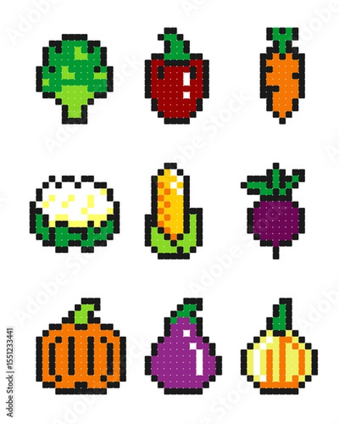 Obraz Set of pixel art vegetables icons in retro 8-bit style. Perfect for games, apps, or digital design.