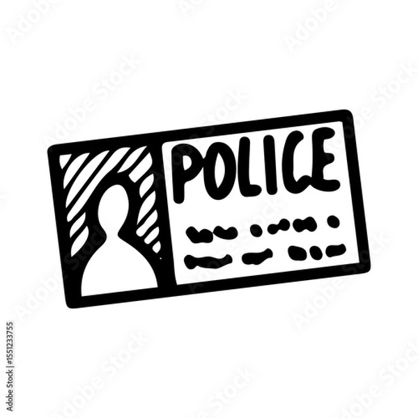 Fototapeta Police card. Hand drawn doodle vector. Business card. Identity card. Document. Illustration line art element.
