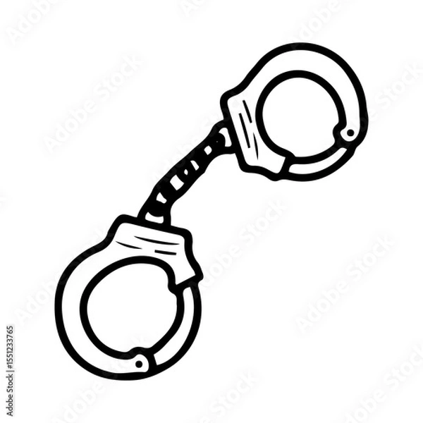 Fototapeta Police handcuffs. Hand drawn doodle vector. Equipment for detaining a criminal. Metal object that holds hands together. Illustration line art element.