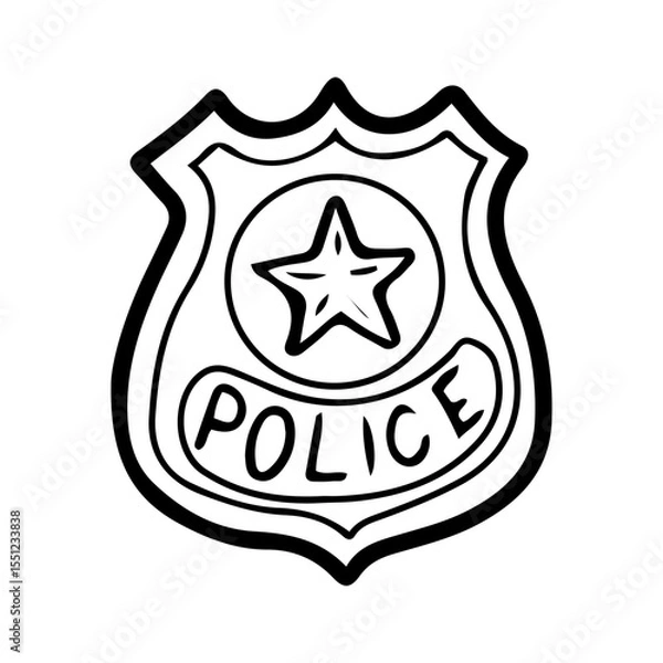 Fototapeta Police badge. Hand drawn doodle vector. Special identification item in the form of a metal shield. Officer number card. Uniform equipment. Illustration line art element.