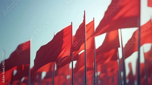 Fototapeta Photograph of numerous red flags billowing against a pale blue sky, creating a sense of depth and scale.