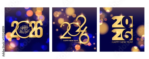 Obraz 2026 Happy New Year greeting cards. Set of 2026 New Year holiday greetings. Gold color and bright blurred bokeh lights. Vector illustration.	