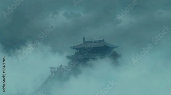 Fototapeta A foggy mountain with a large building in the distance