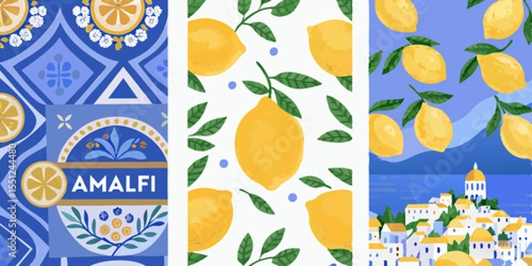 Fototapeta Vibrant Amalfi Coast Inspired Pattern Collection with Lemons Tiles and Coastal Scenery in a Modern Style