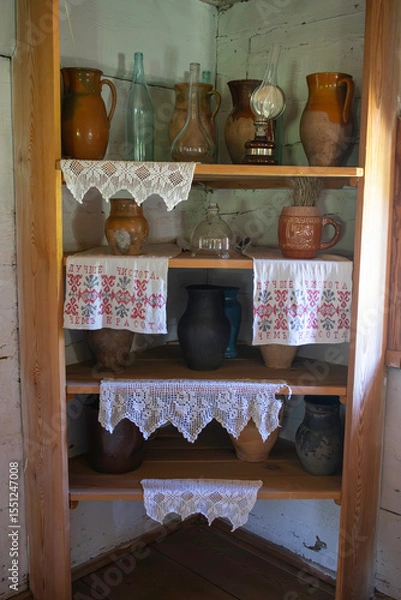 Obraz A shelf with many vases and bottles on it