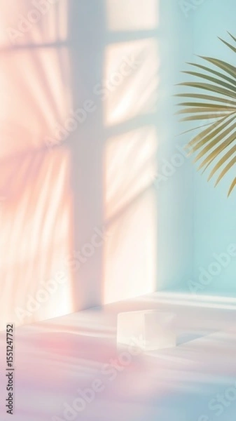 Fototapeta Sunlight streaming through window, creating shadows of palm tree leaves on white wall, offering serene and minimalist aesthetic