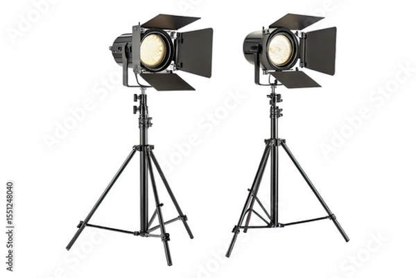 Fototapeta Two studio fresnel lights with barn doors on tripods against a black background in a studio setting