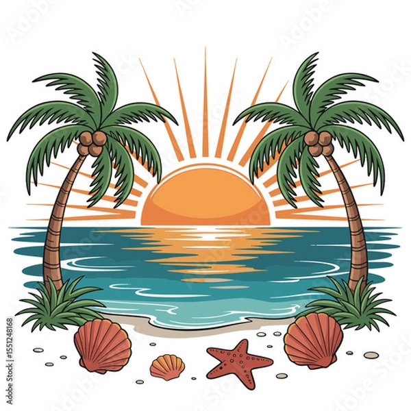 Fototapeta Beautiful sunset between palm trees with waves and shells, beach escape theme, vector illustration design, and t shirt design