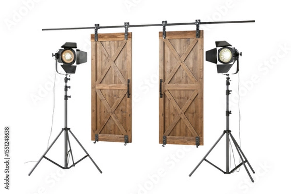 Fototapeta Two barn doors hanging with lights on stands creating a studio setup for photography or videography