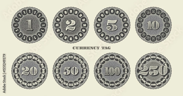 Fototapeta Vector set of vintage round stickers, price tags and badges with numbers. Denominations 1, 2, 5, 10, 20, 50, 50, 100 and 250. Collection of coins, medals and currency tokens. Guilloche patterns