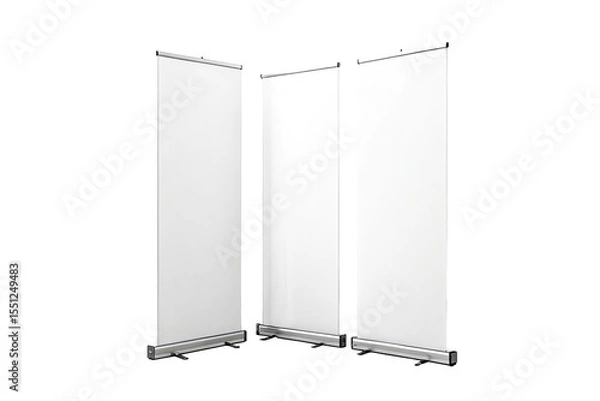 Fototapeta Three white blank roll up banners standing side by side against a black background in a studio setting