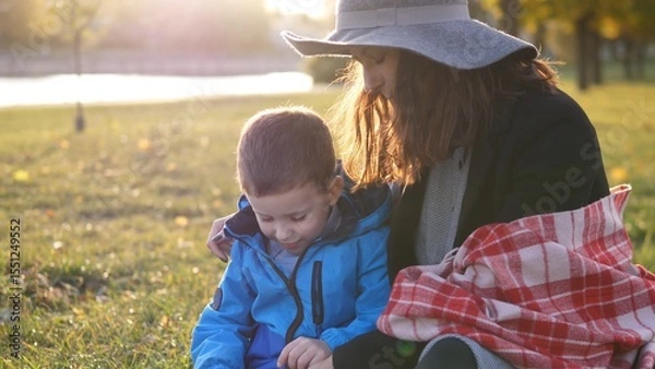 Fototapeta A mother and her young son sit together in a park, enjoying the sunshine and exploring the grass as autumn leaves decorate the surroundings, creating a cozy atmosphere.