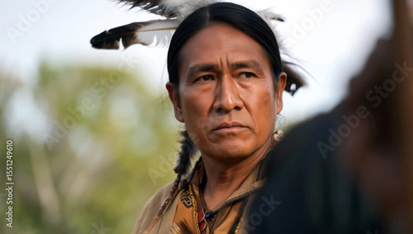 Obraz Native american man with long hair and feathers stands attentively, showcasing traditional attire while surrounded by nature at a cultural gathering. Generative AI.