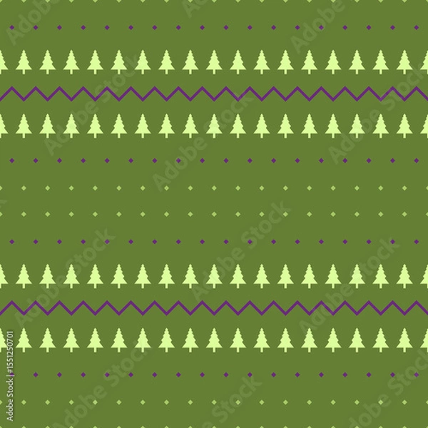 Fototapeta Festive Green Forest Pattern with Trees and Zigzag Lines