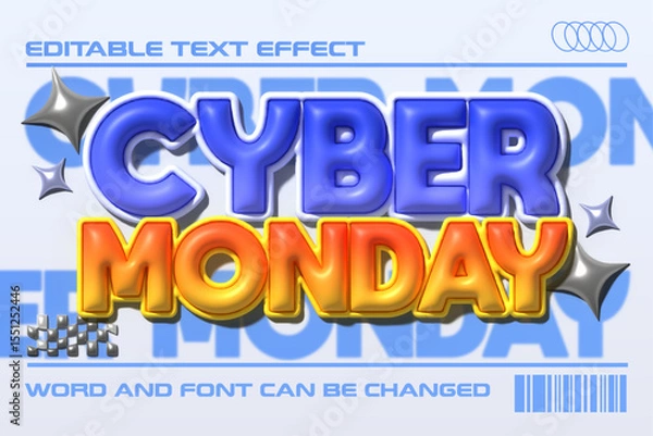 Fototapeta Cyber monday glossy inflated 3d editable vector text effect. Retro y2k vibe inflated text style	
