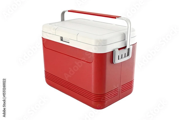 Fototapeta A red and white cooler with a handle on a black background in a studio shot for product display