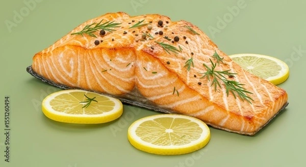 Fototapeta Succulent Grilled Salmon Fillet Garnished with Lemon Slices and Fresh Dill Sprigs