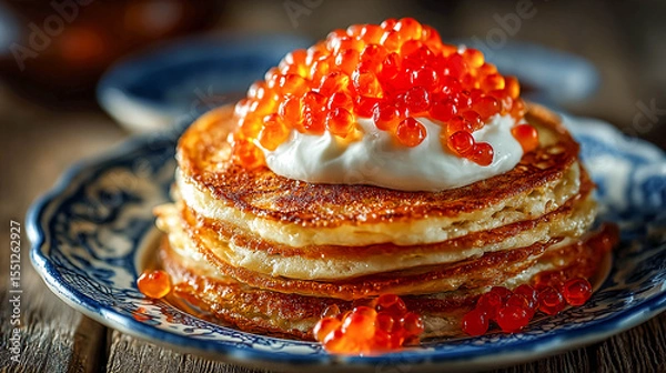 Obraz Thin and fluffy pancakes stacked on a ceramic plate. The top pancake is decorated with a spoonful of sour cream, on which the caviar is located.