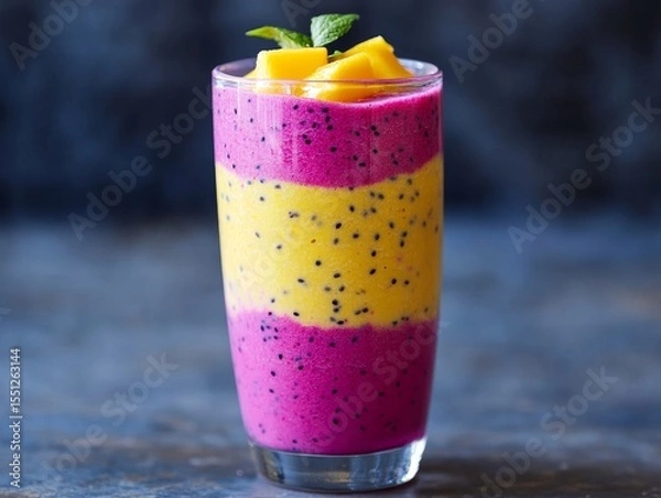 Obraz A layered smoothie in a tall glass, featuring bright pink dragon fruit, yellow mango, and purple acai, creating a colorful gradient effect
