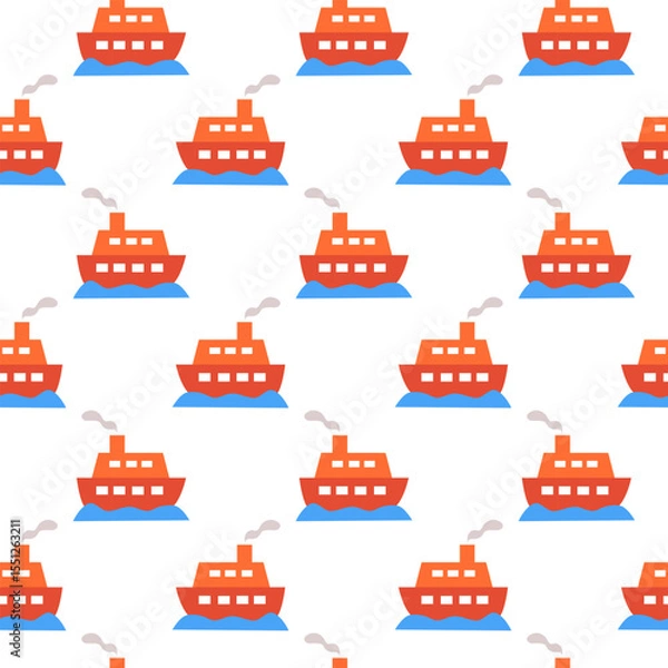 Fototapeta Seamless Pattern. Red Traveling with Ship and Wave in the Ocean Sea. Vector flat illustration.