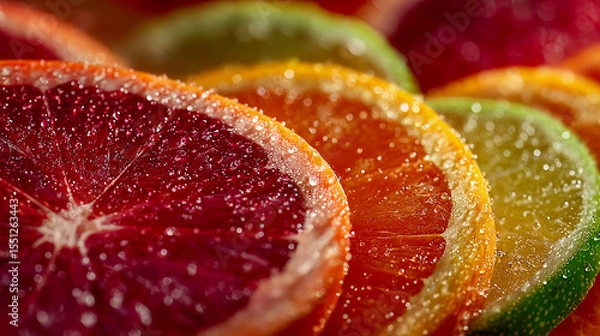 Obraz Citrus slices of grapefruit, lime, and orange. The fruits are covered with water droplets. Healthy food, fruits.