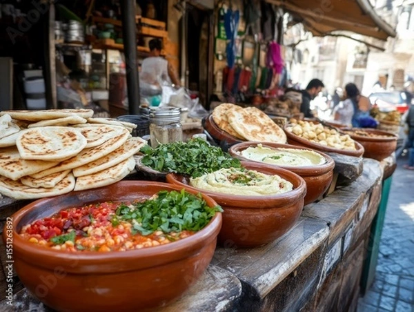 Obraz A lively Middle Eastern street market scene, where fresh hummus is being served in clay bowls alongside fresh-baked pita