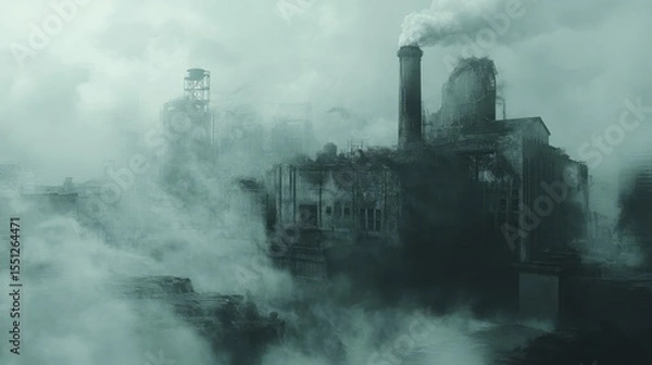 Fototapeta Abandoned factory in a smoky haze