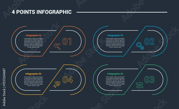 Fototapeta 4 stage infographic process diagram with round rectangle on quadrant with dark background bright outline style