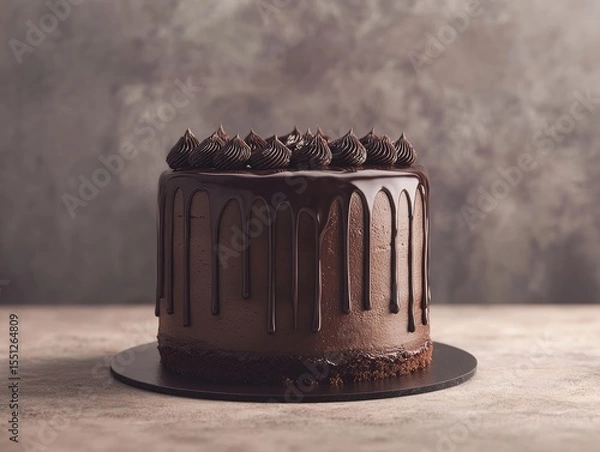 Obraz A luxurious dark chocolate cake with ganache dripping down the sides, soft focus background