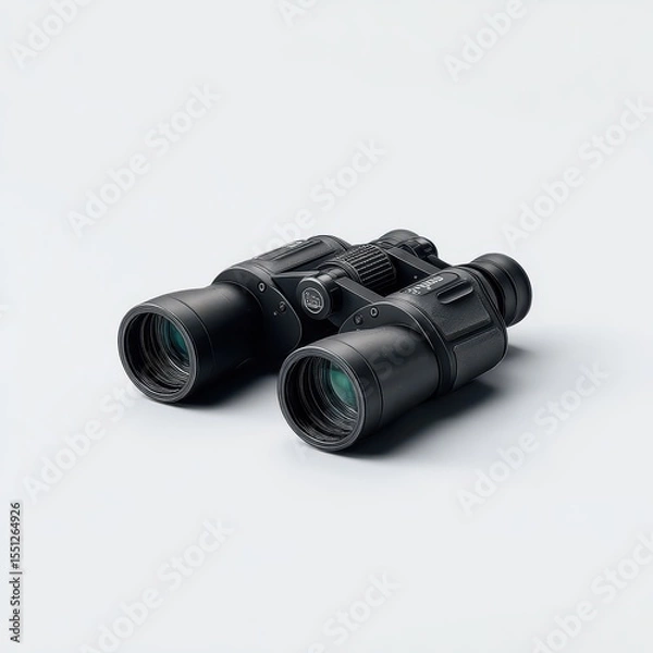 Fototapeta Sleek, matte-black binoculars rest on a minimalist white background, showcasing their robust design and optical clarity