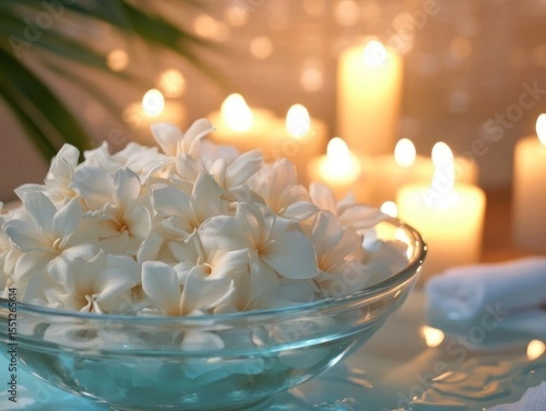 Obraz A luxurious spa setting with fresh tuberose flowers in a glass bowl, their intoxicating fragrance filling the air, candles flickering in the background