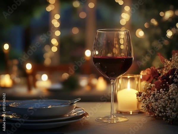 Obraz A luxurious wine glass filled with deep red wine, set against a candlelit dinner table with elegant plating and soft bokeh lights
