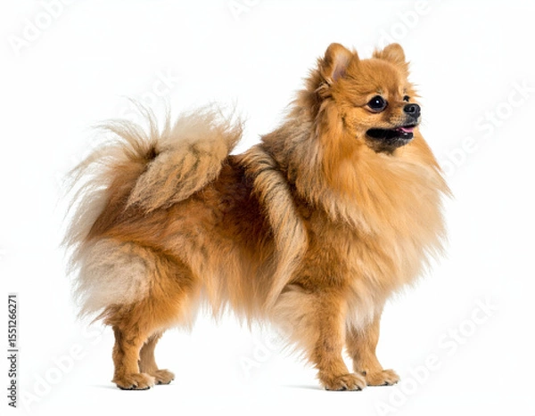 Fototapeta Fluffy Pomeranian A Delightful Wagging Tail on White