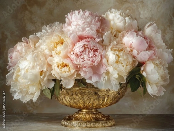 Obraz A luxurious wedding centerpiece featuring soft pink and cream peonies with golden accents